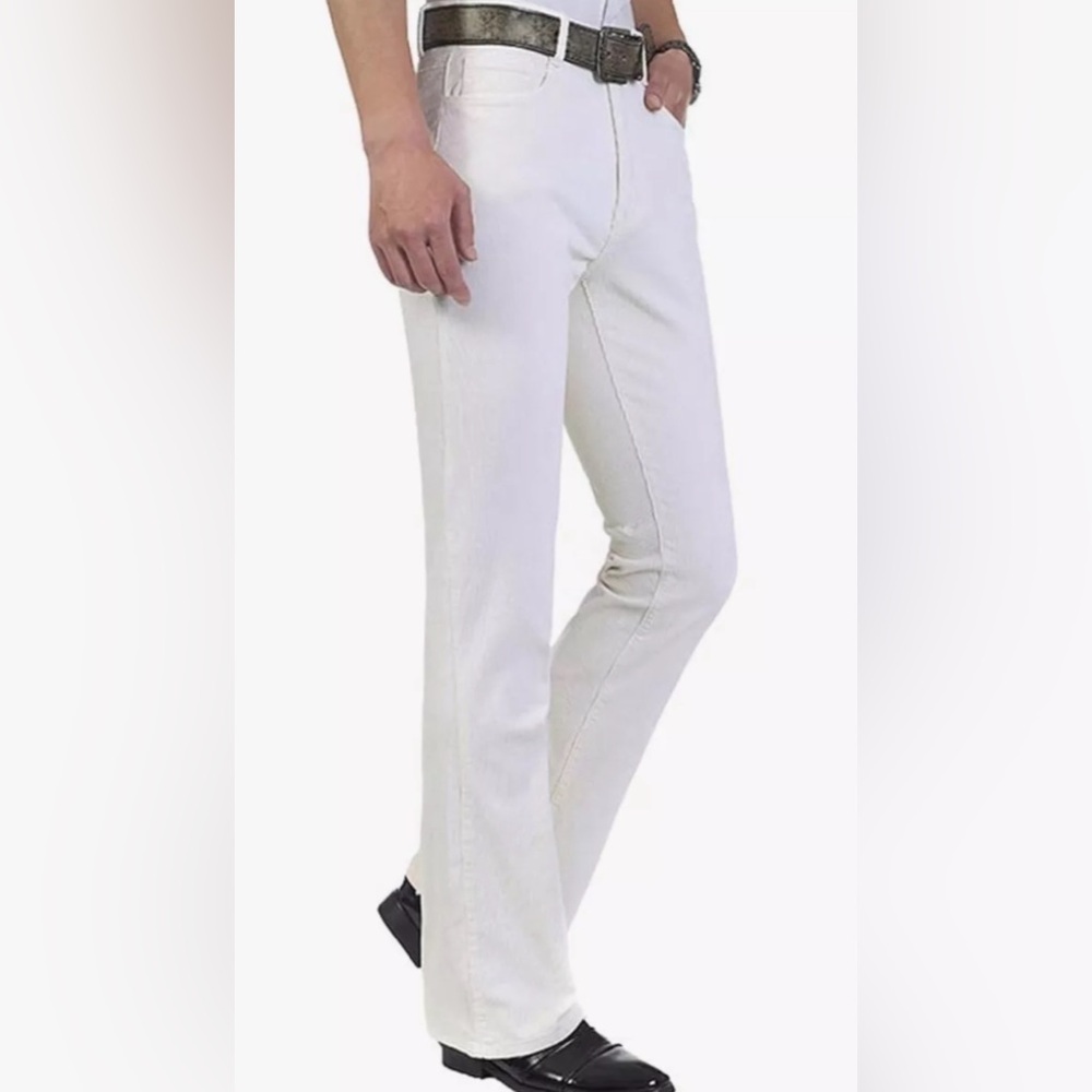 HAORUN Men Corduroy Bell Bottom Flares Pants Slim Fit White Corduroy Size 38